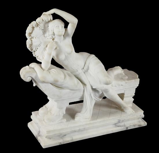 Telemaco Cipriani. A large Carrera alabaster sculpture, Rosette - The Fan Dancer, Length 72cm, height 66cm, depth 25cm